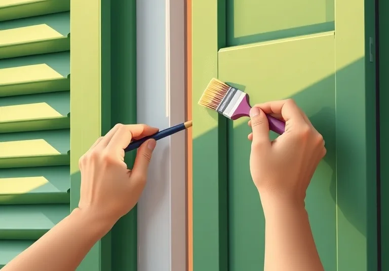 Mise en peinture au pinceau de volets et d'encadrements en bois