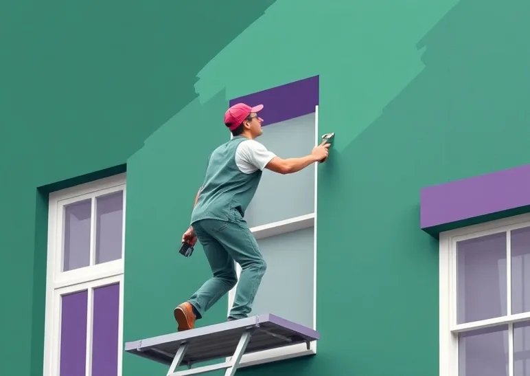 Peintre sur échafaudage traitant la façade d'une maison