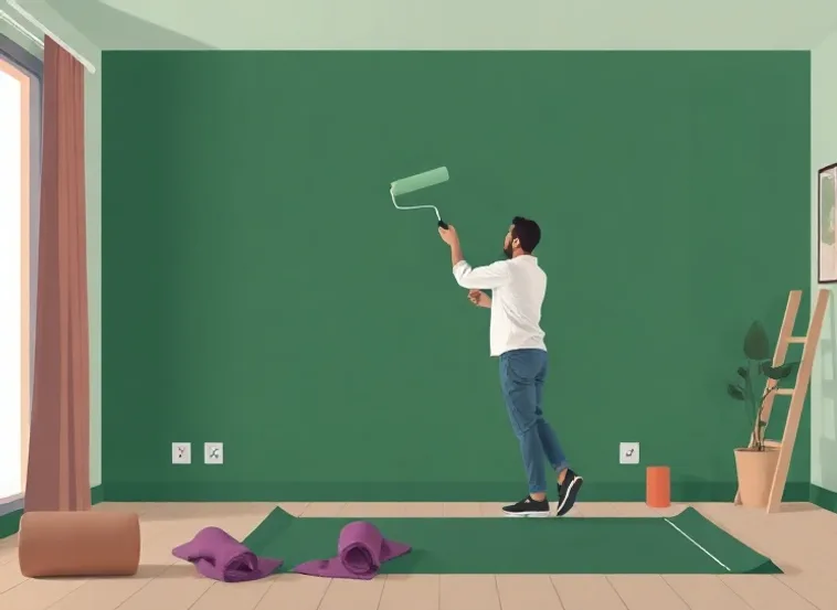 Peintre appliquant la peinture au rouleau sur un mur de salon